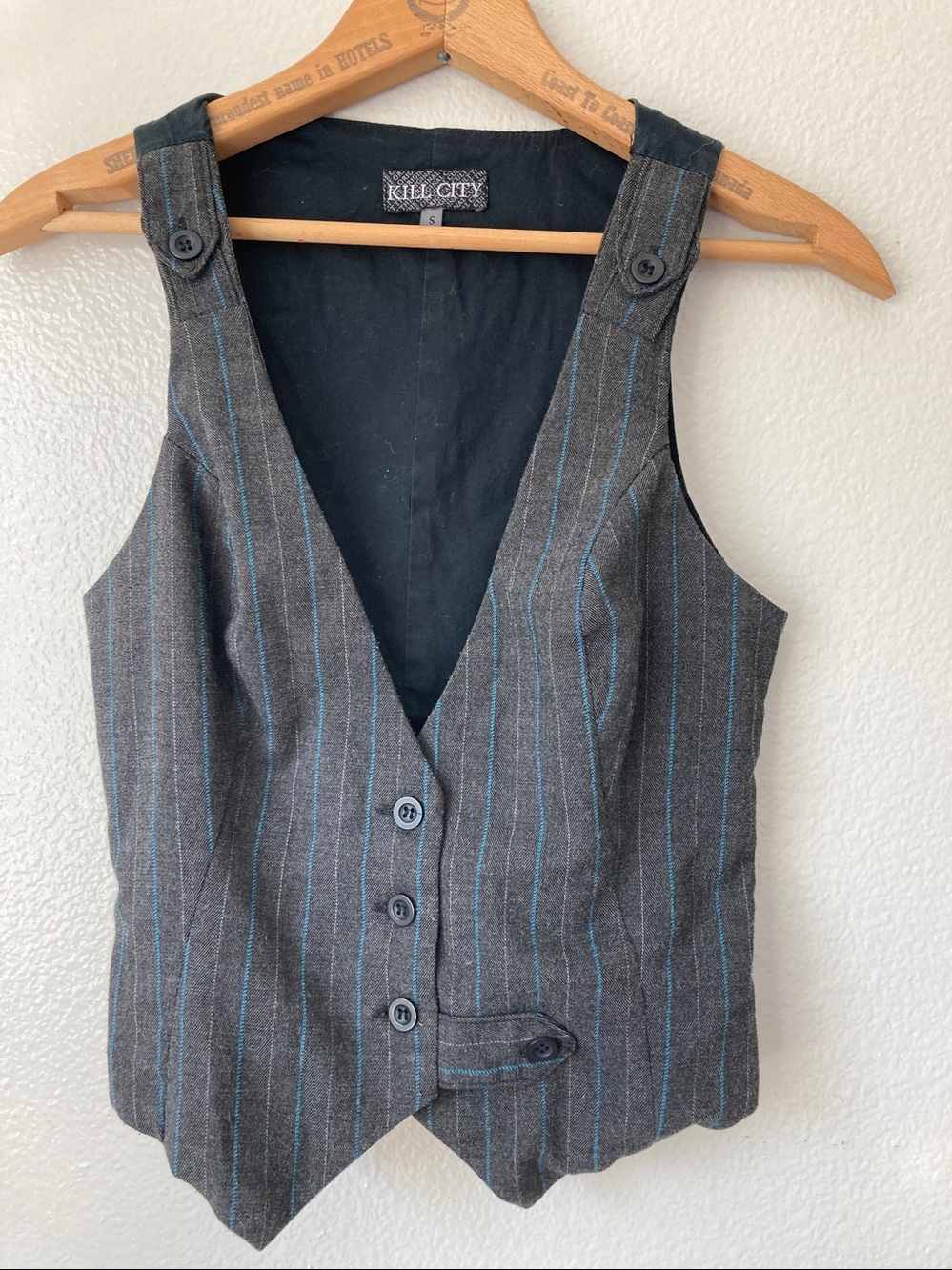 KillCity pinstripe Vest Button front Shoulder Tabs Goth menswear look sz S